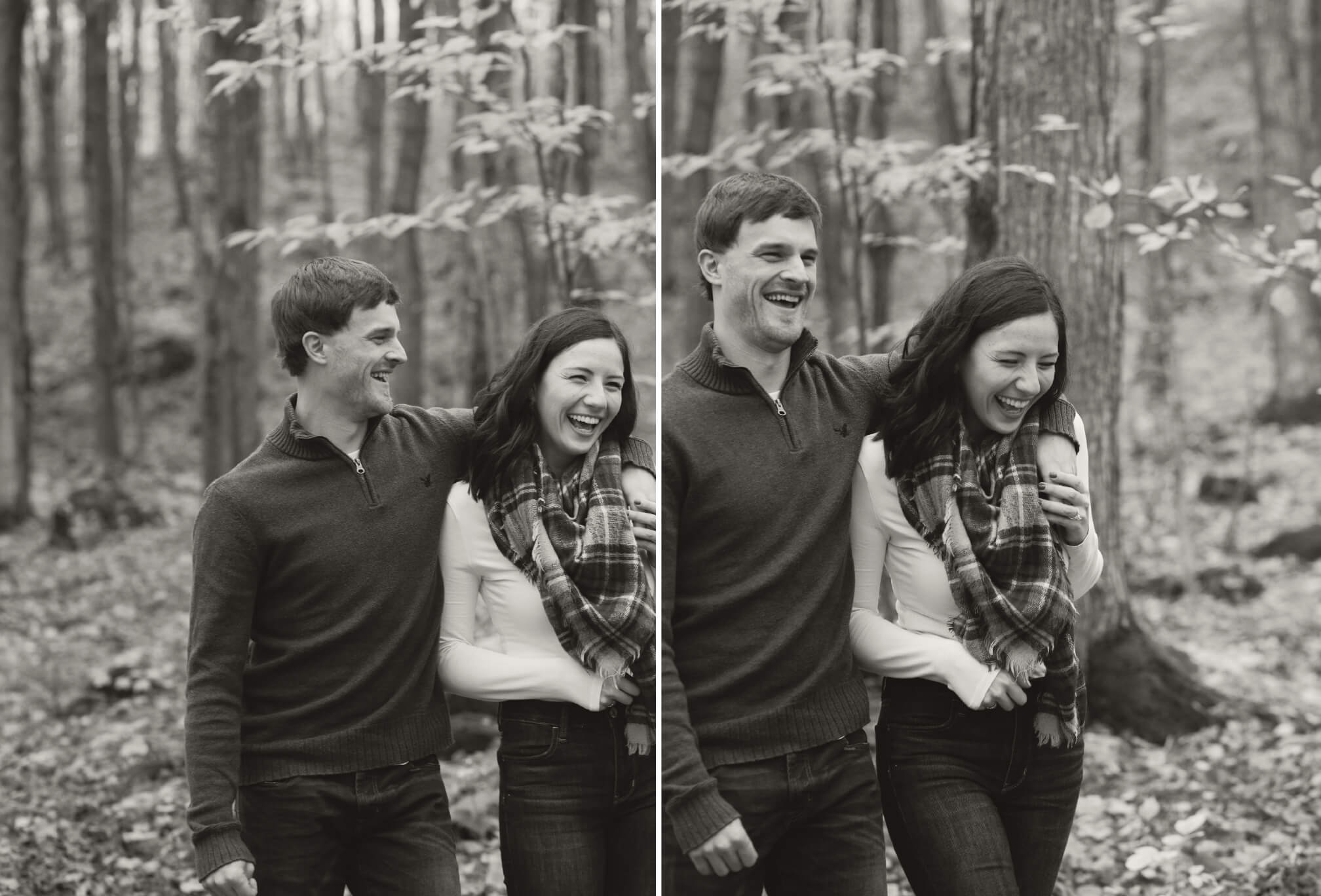 candid couple laughing in forest
