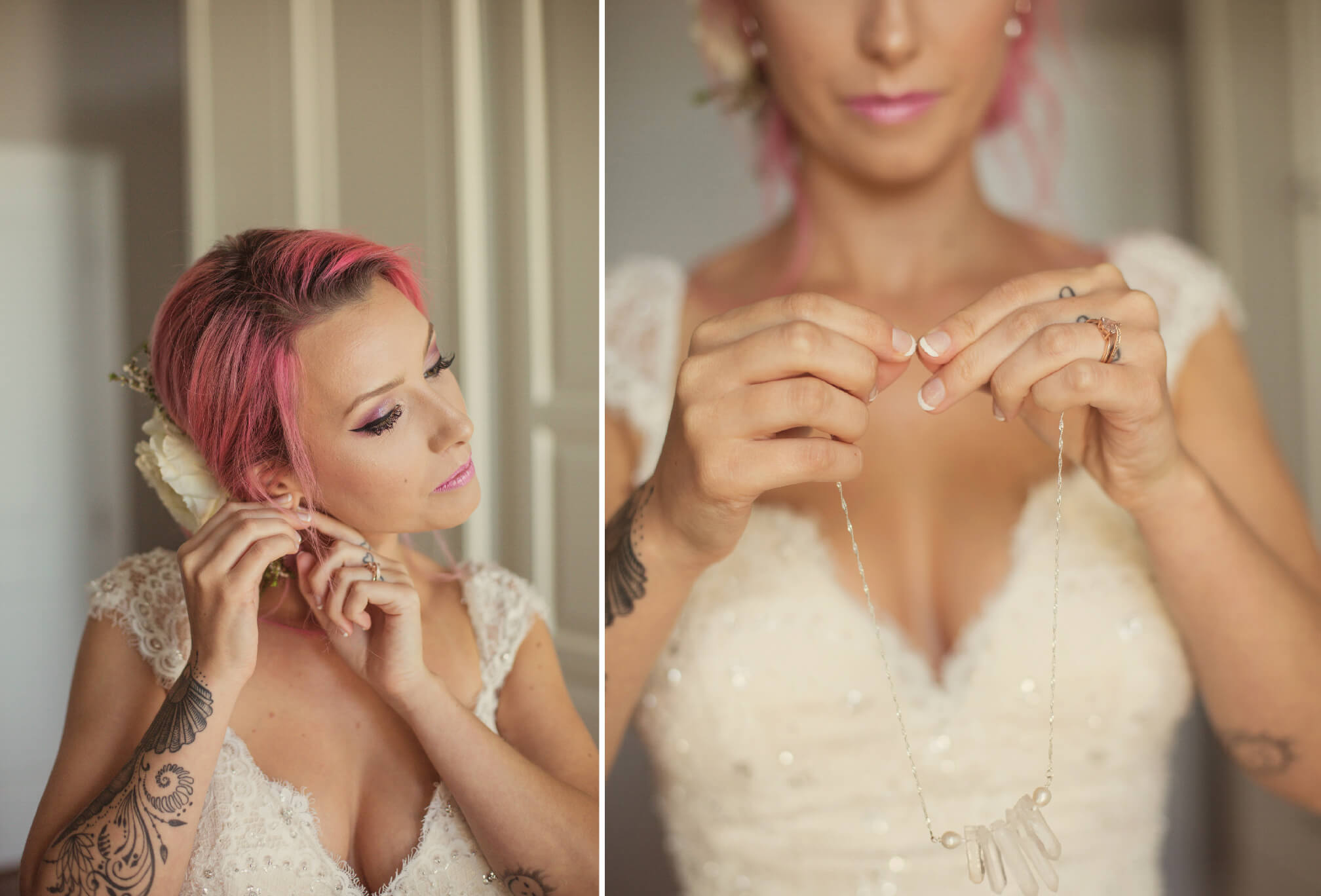 bride putting on necklace