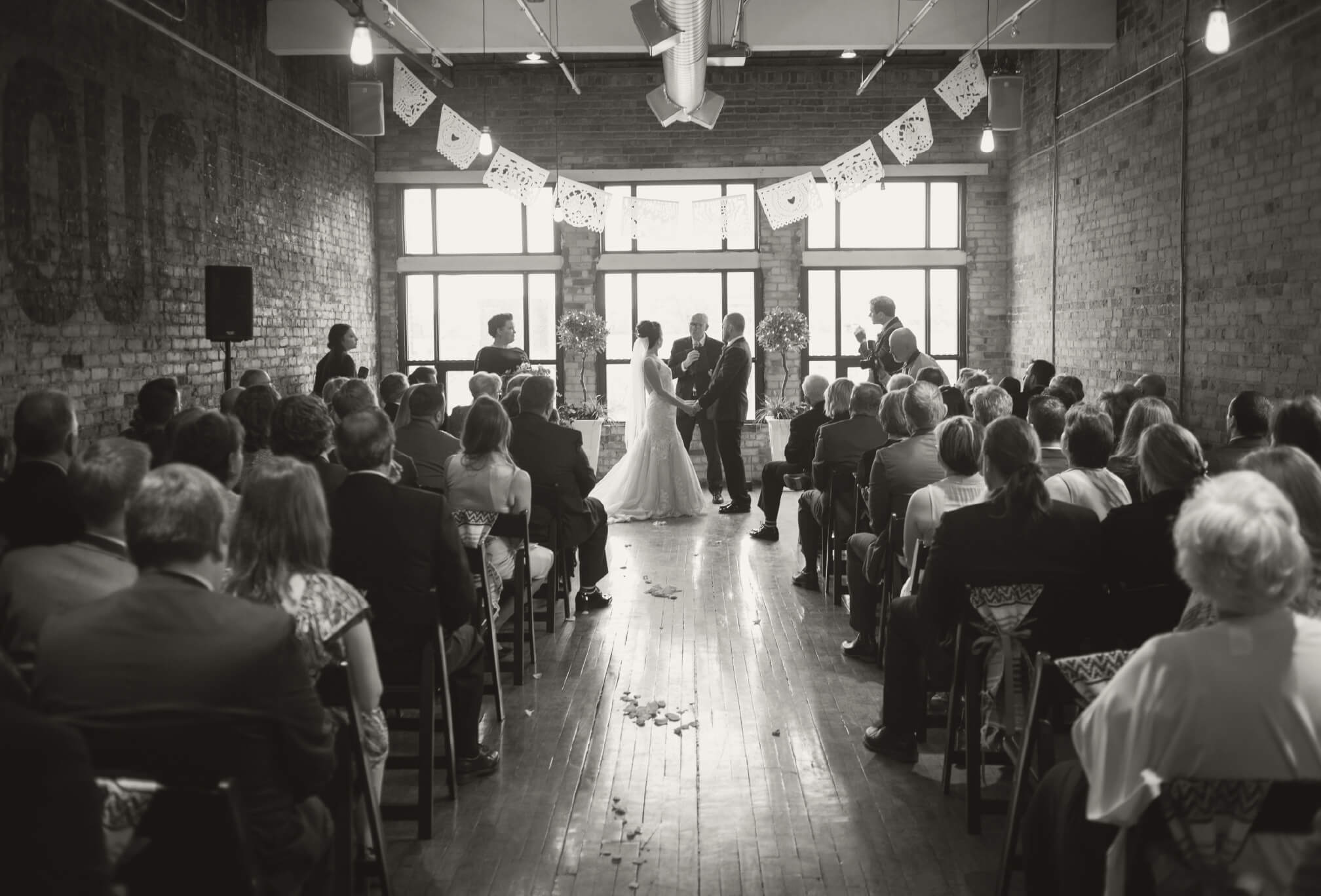 black and white burroughes building wedding
