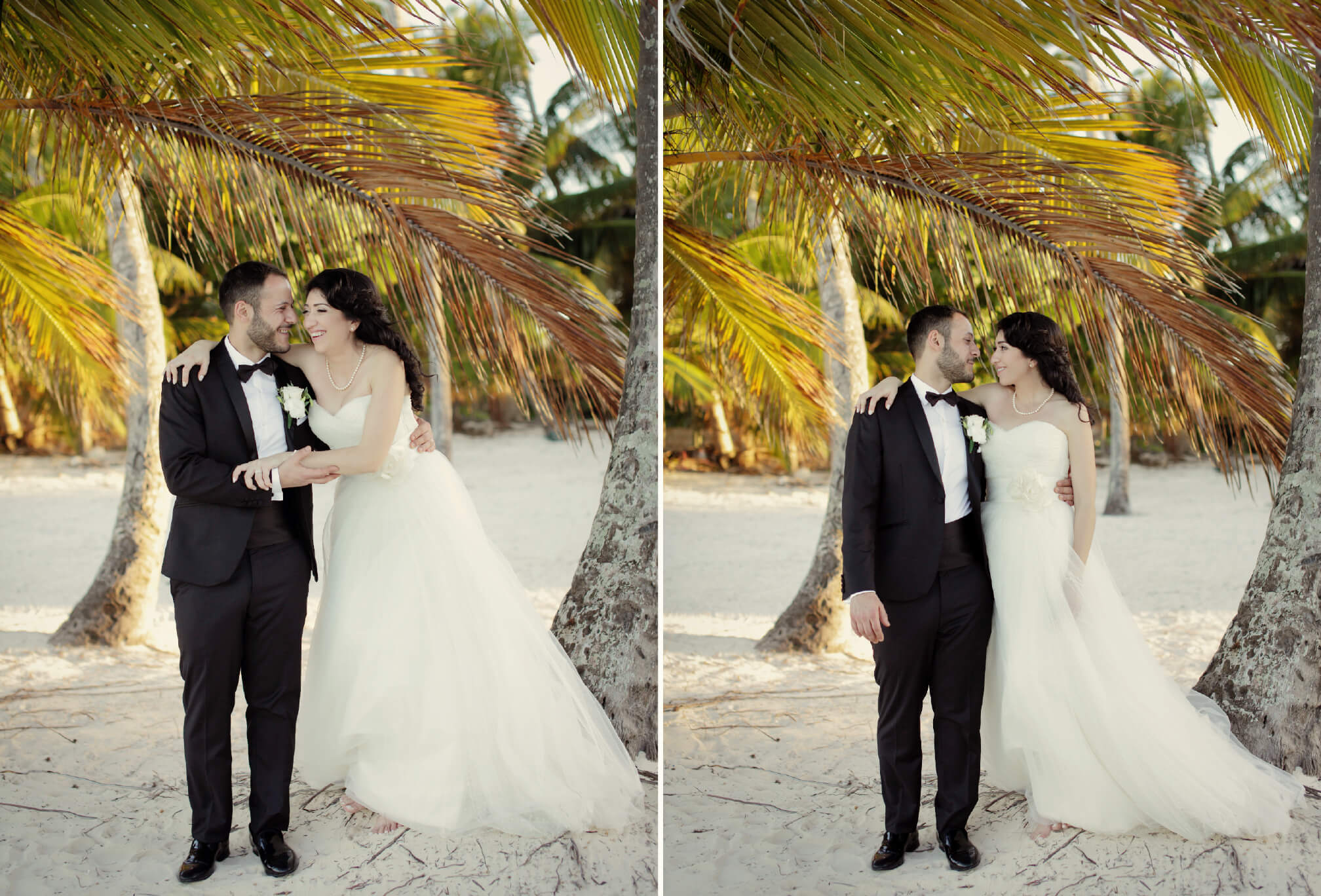 bride and groom under palm tree