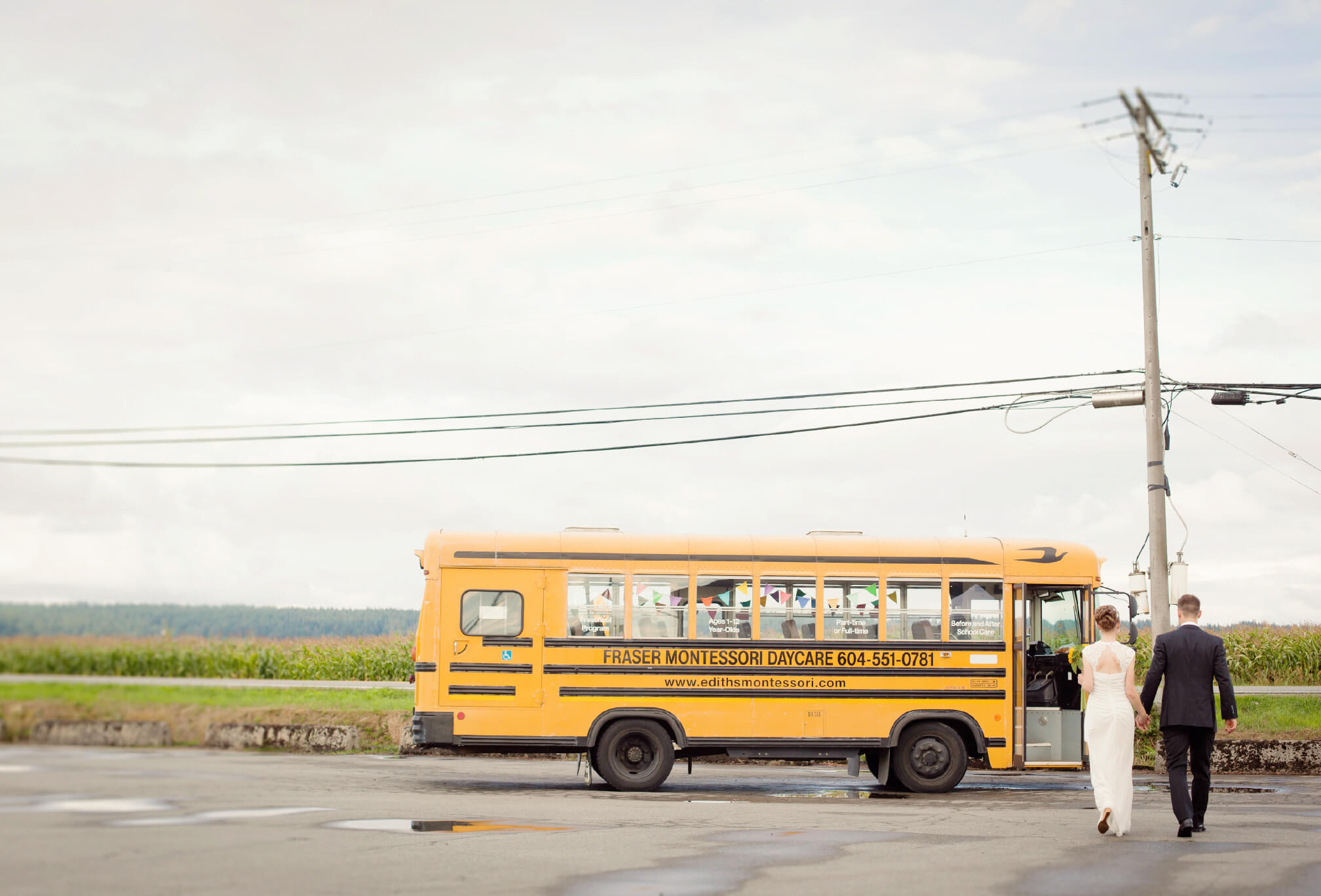 bride and groom yellow school bus