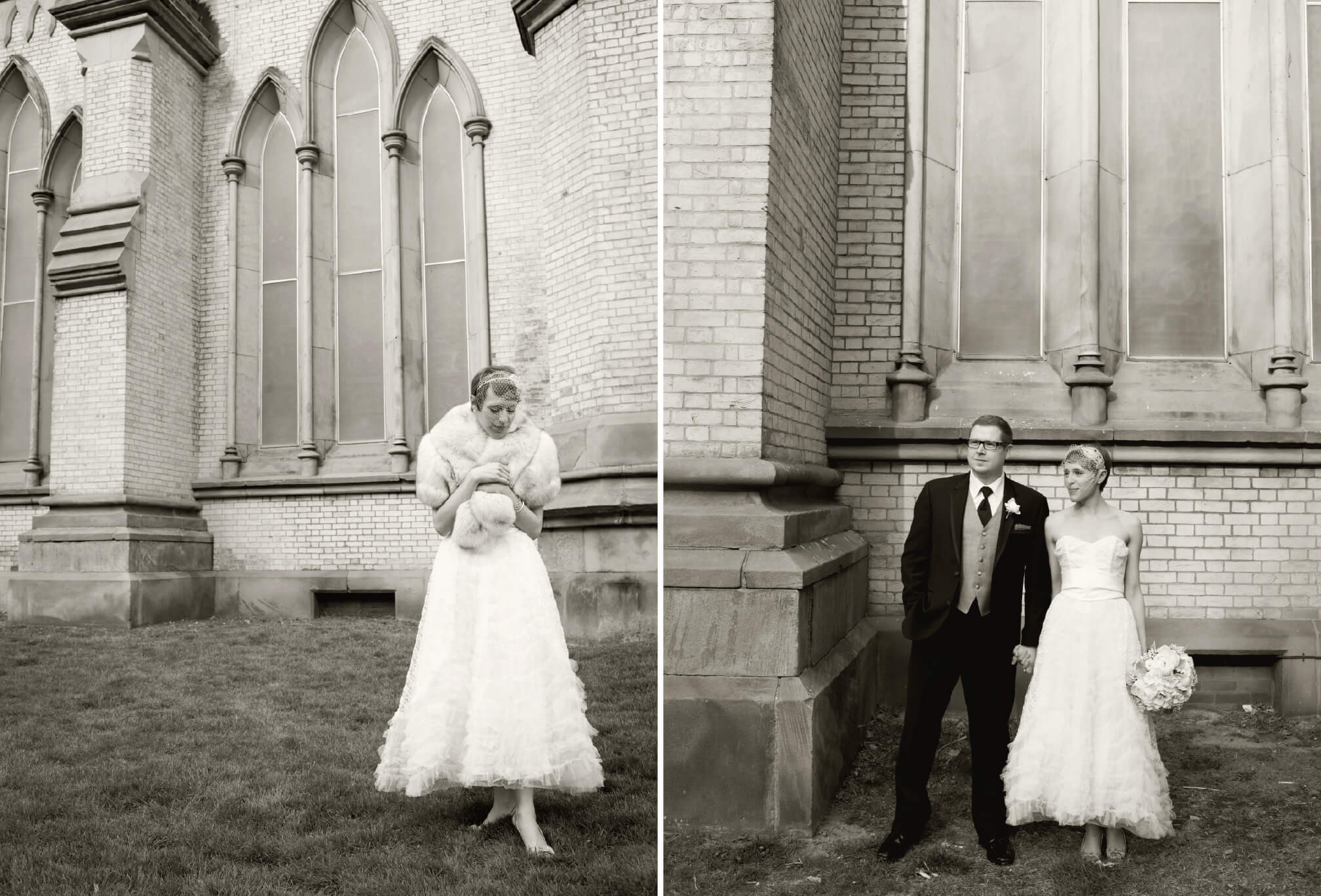 vintage inspired bride and groom outside st. James Cathedral toronto