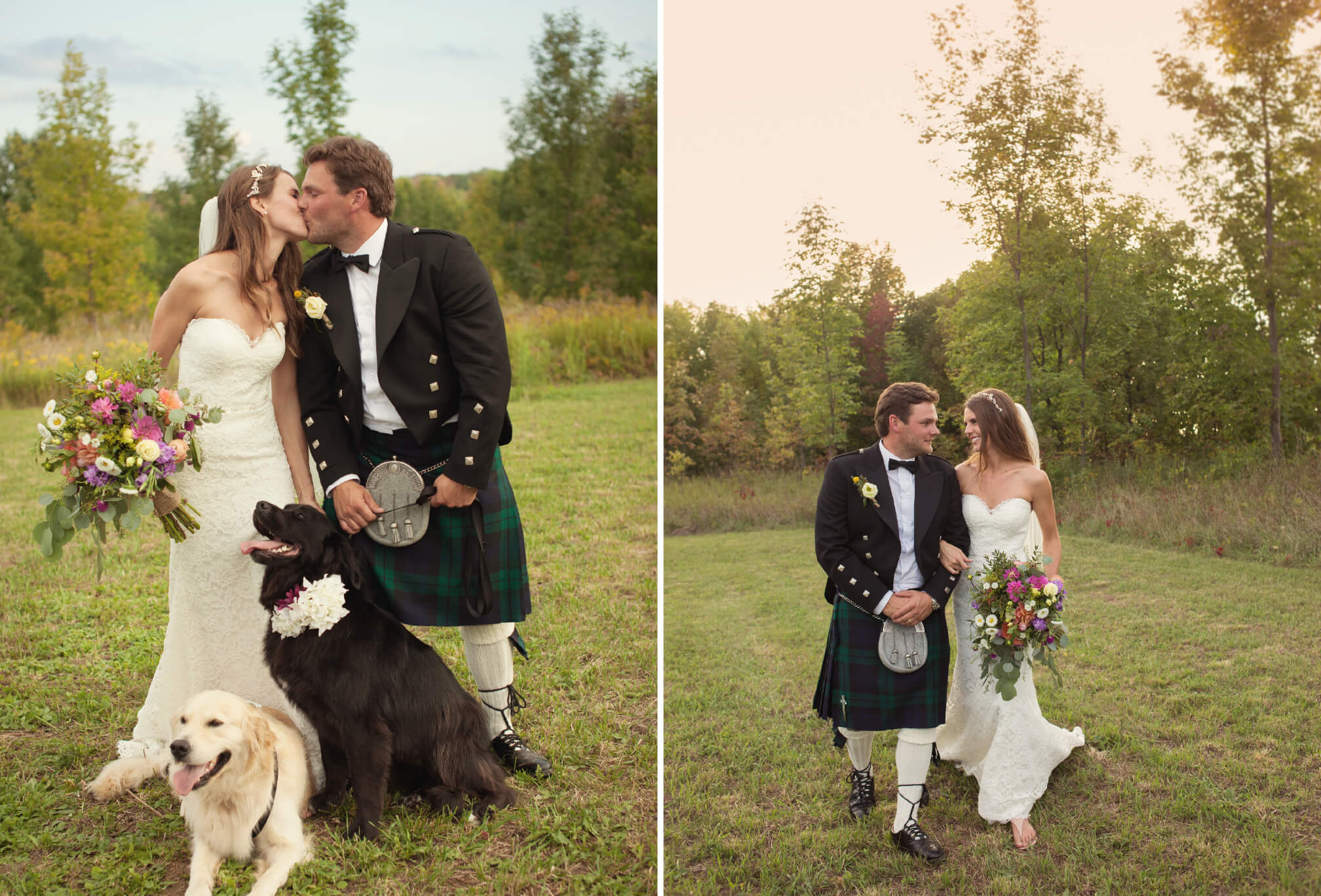 bride and groom with dogs 