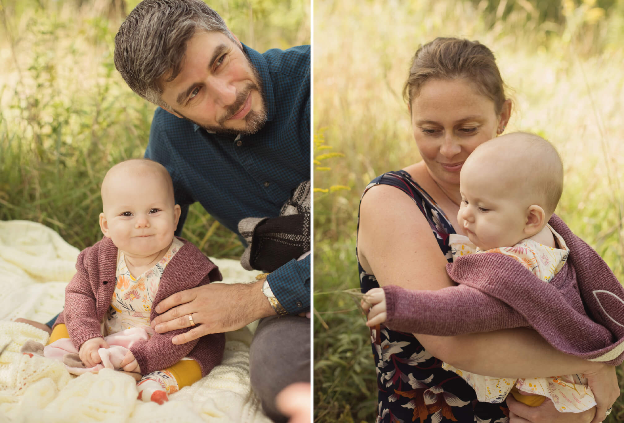 baby with mom and dad photographs in fall